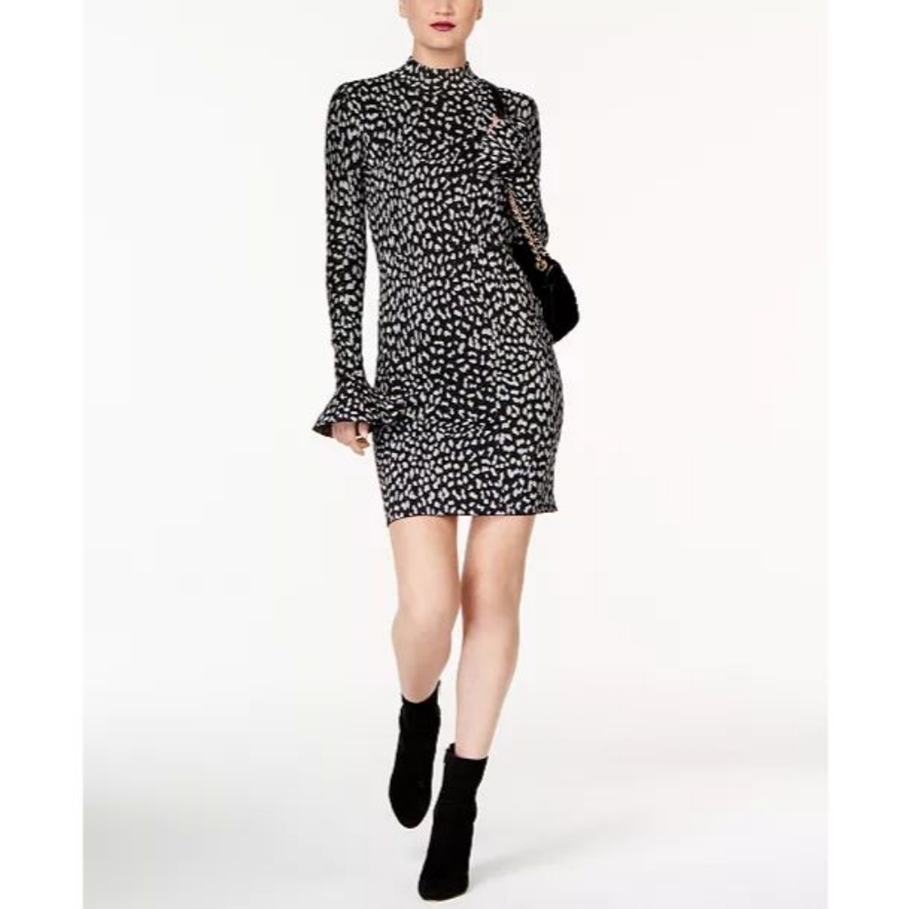 Michael Kors Black Metallic Silver Cheetah Print Bell Sleeve Sheath Dress 